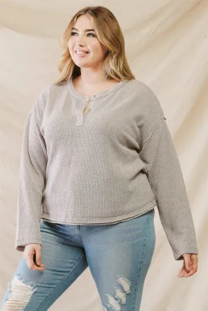 Plus Size Grey Knit Button-Up Long Sleeve Top /3-2-1