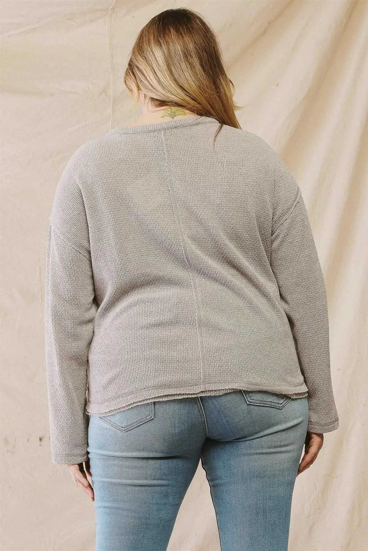 Plus Size Grey Knit Button-Up Long Sleeve Top /3-2-1