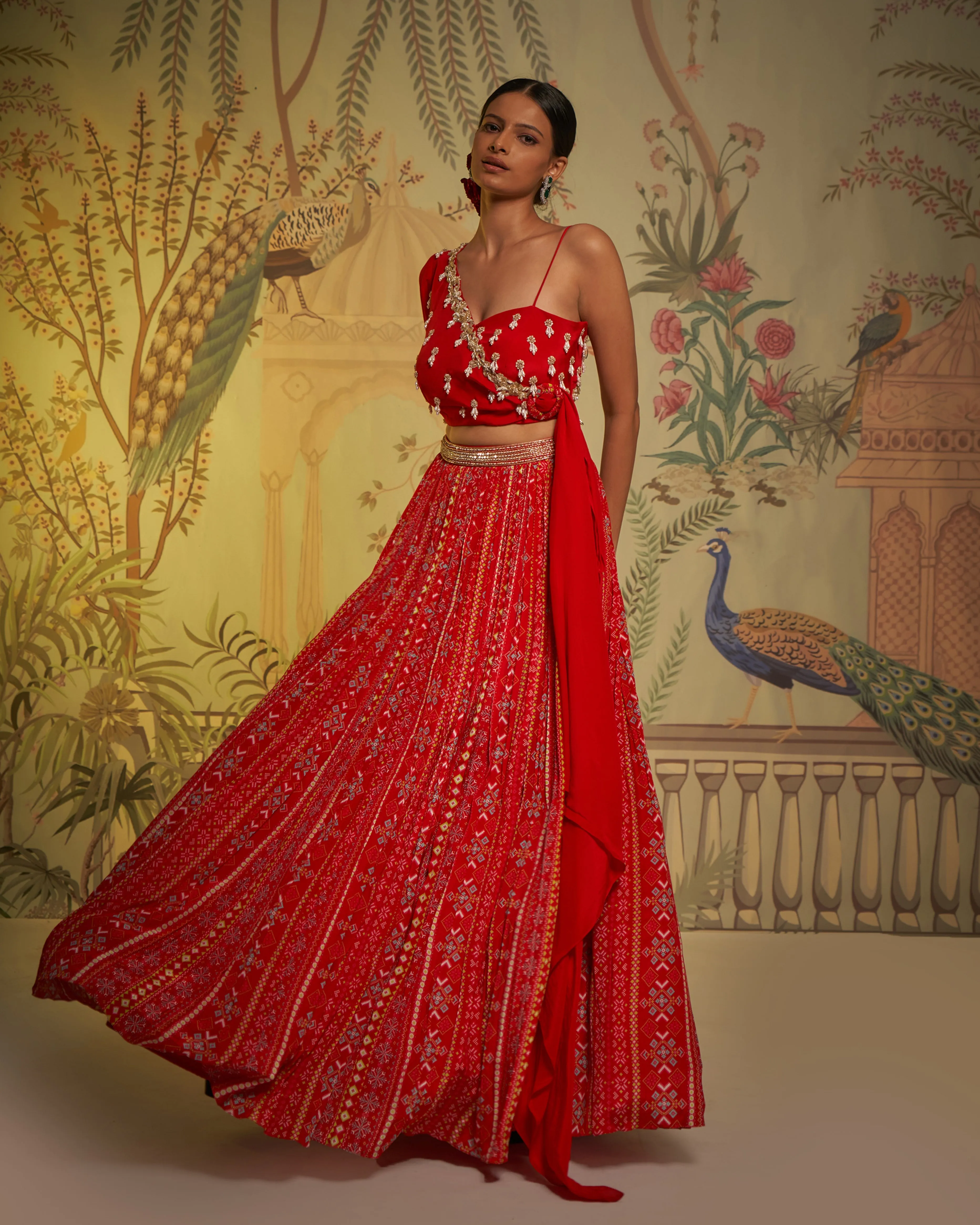 Red Crepe Silk Patola Print Lehenga And Blouse Set