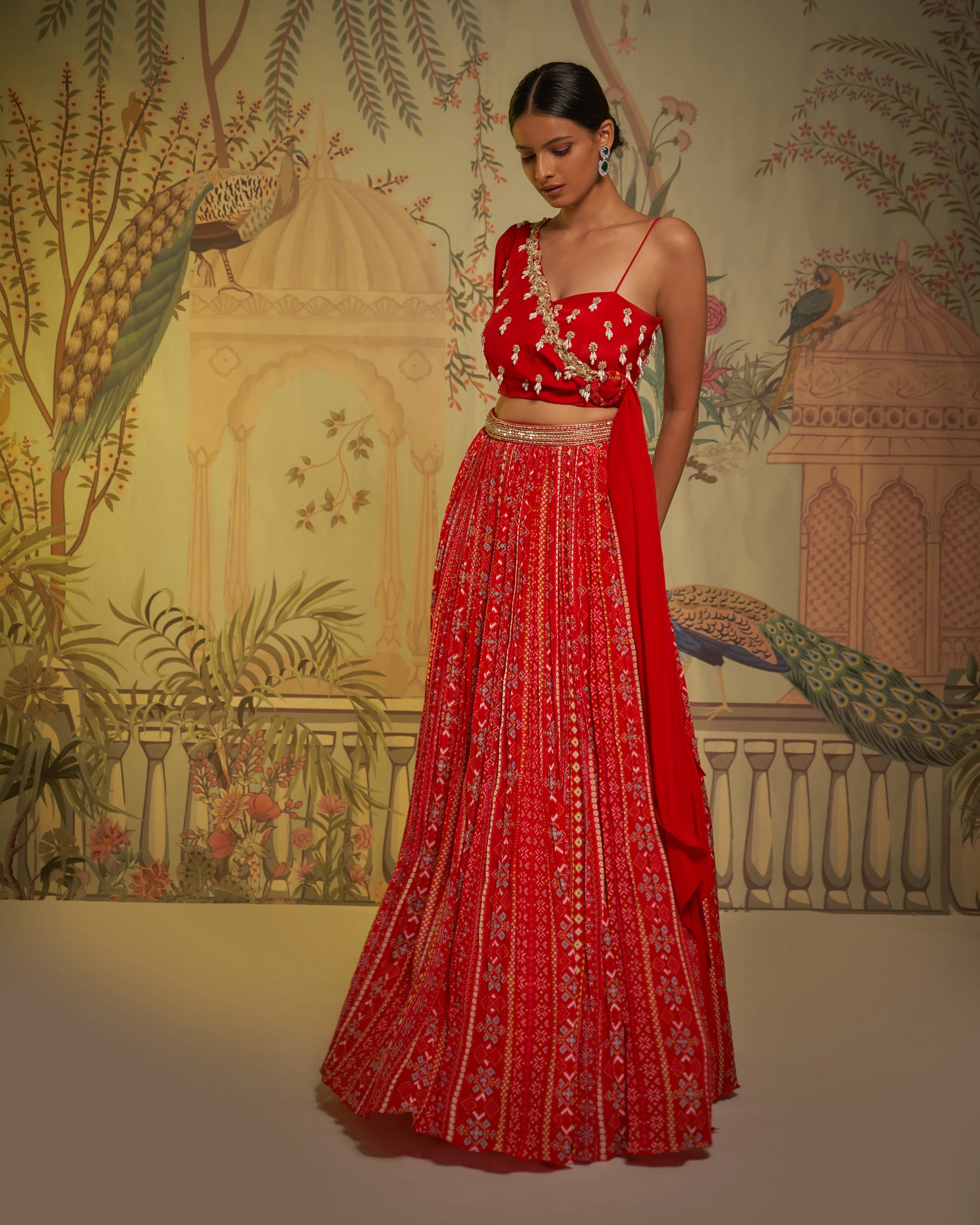 Red Crepe Silk Patola Print Lehenga And Blouse Set