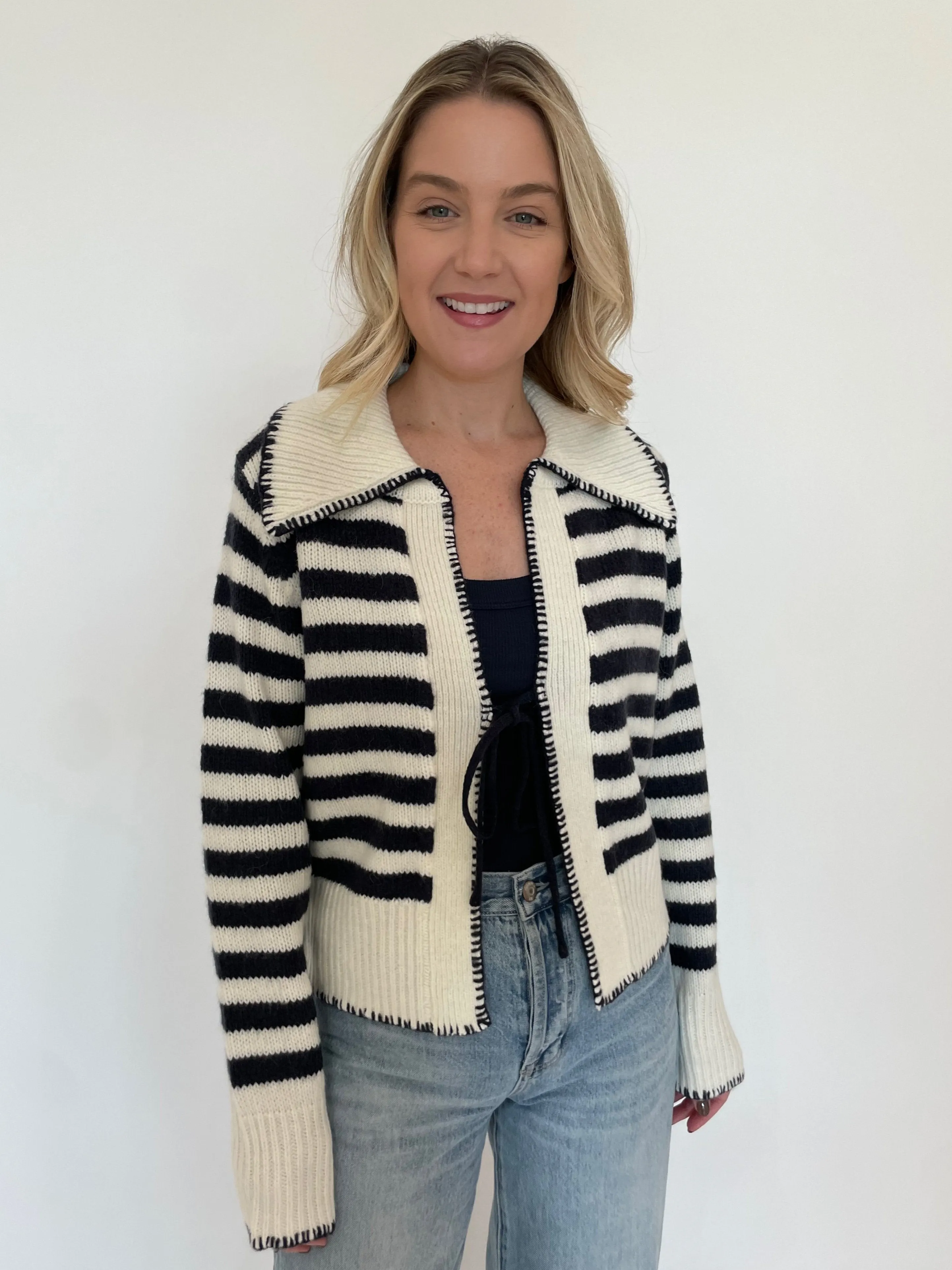 Sailor Collar Tie Front Knit Cardigan