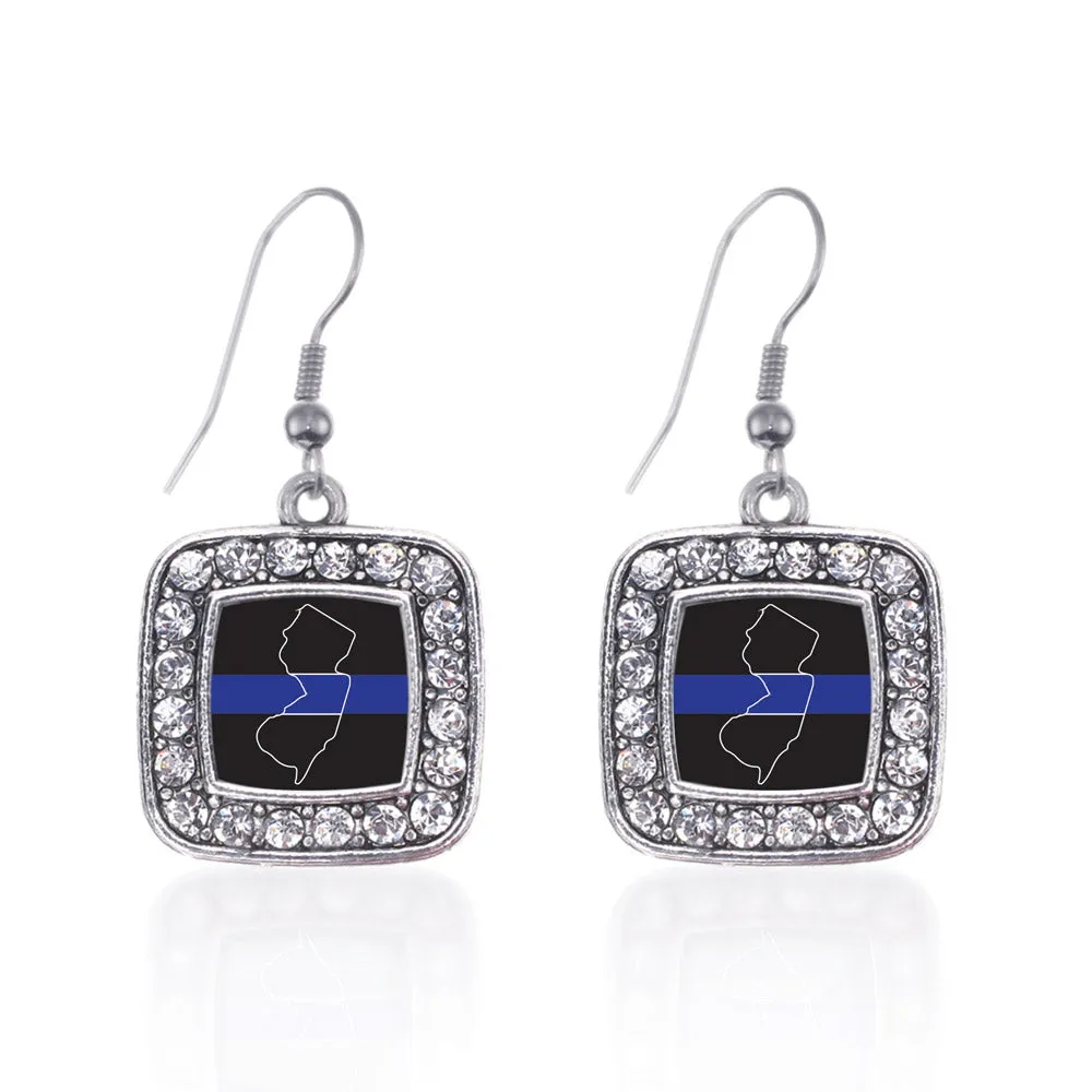 Silver New Jersey Thin Blue Line Square Charm Dangle Earrings