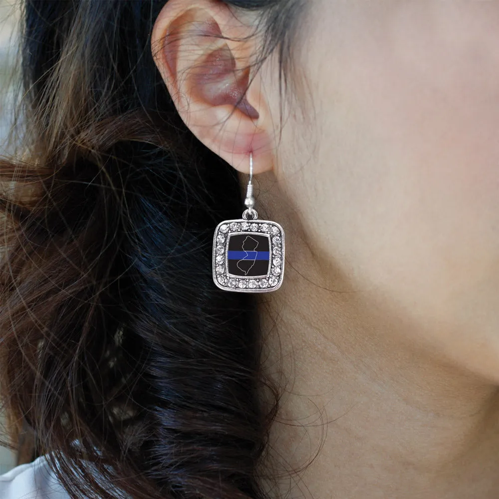 Silver New Jersey Thin Blue Line Square Charm Dangle Earrings
