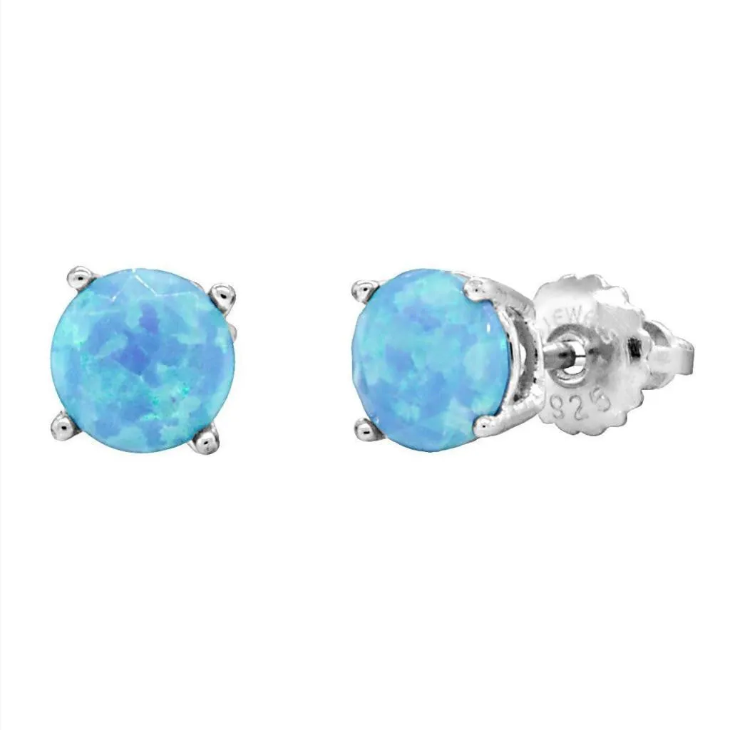 Sky: 6mm Diamond-Cut Faceted Azure Blue Opal Screw Back Earrings