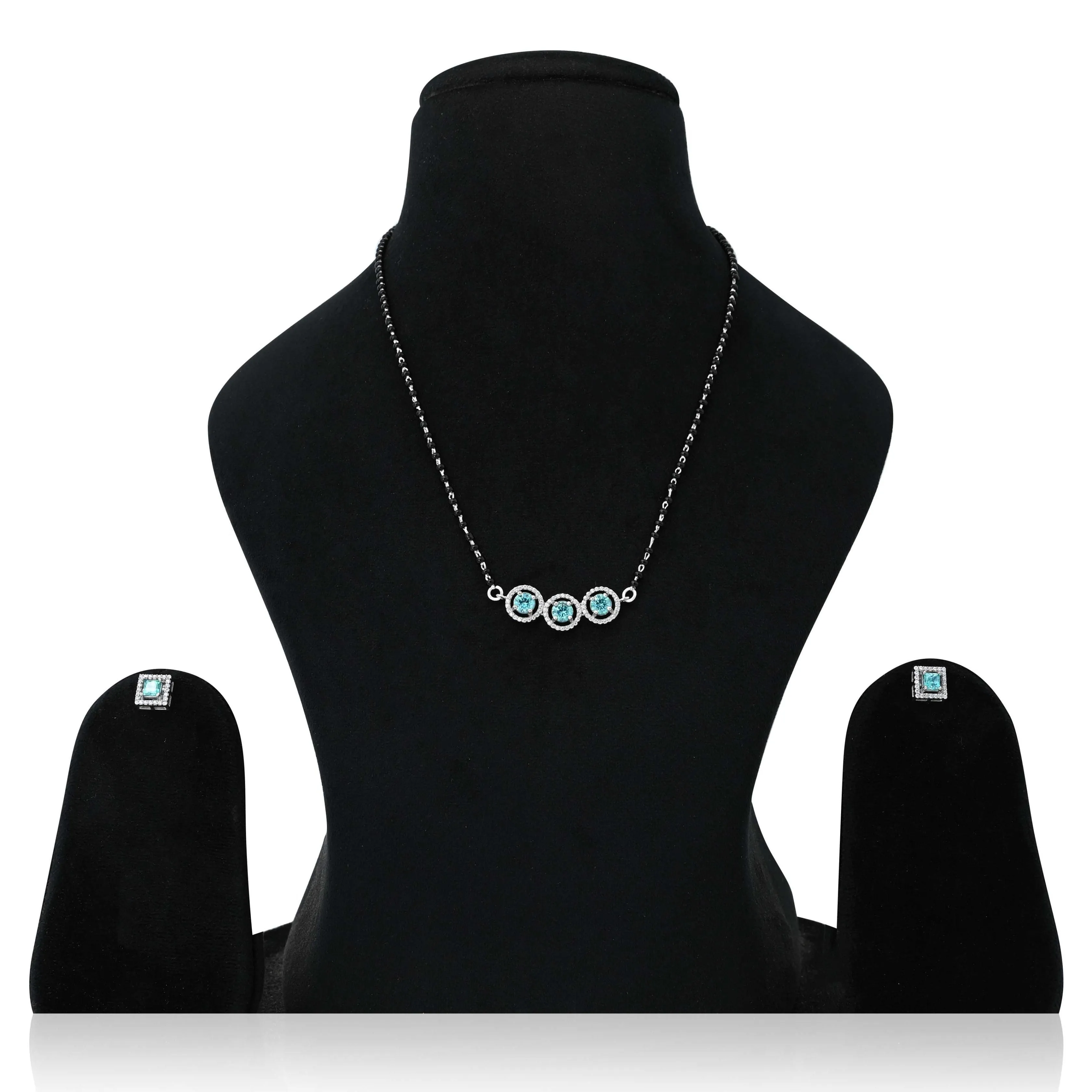 Sparkling Sky-Blue CZ Stone 925 Silver Mangalsutra with Matching Earrings
