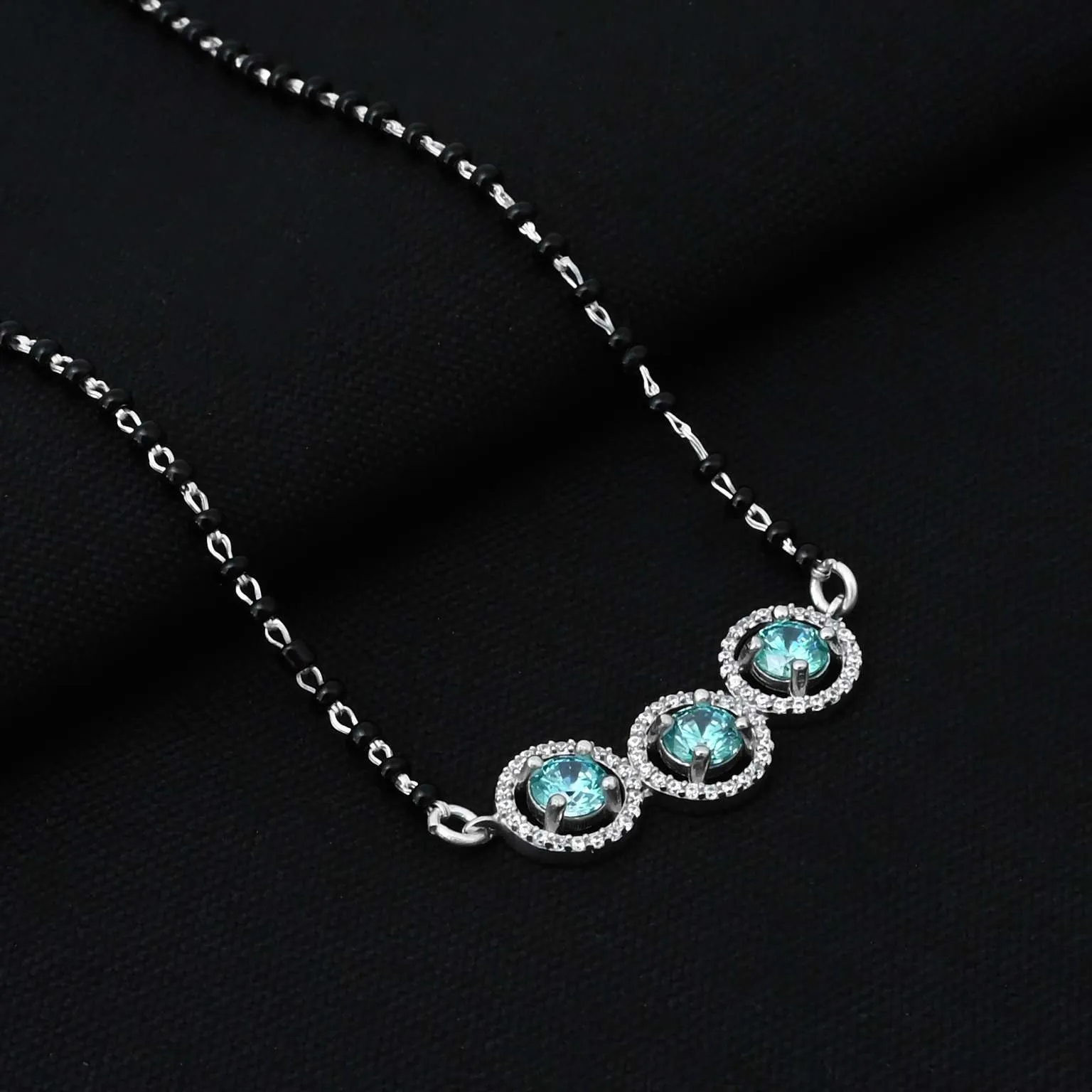 Sparkling Sky-Blue CZ Stone 925 Silver Mangalsutra with Matching Earrings