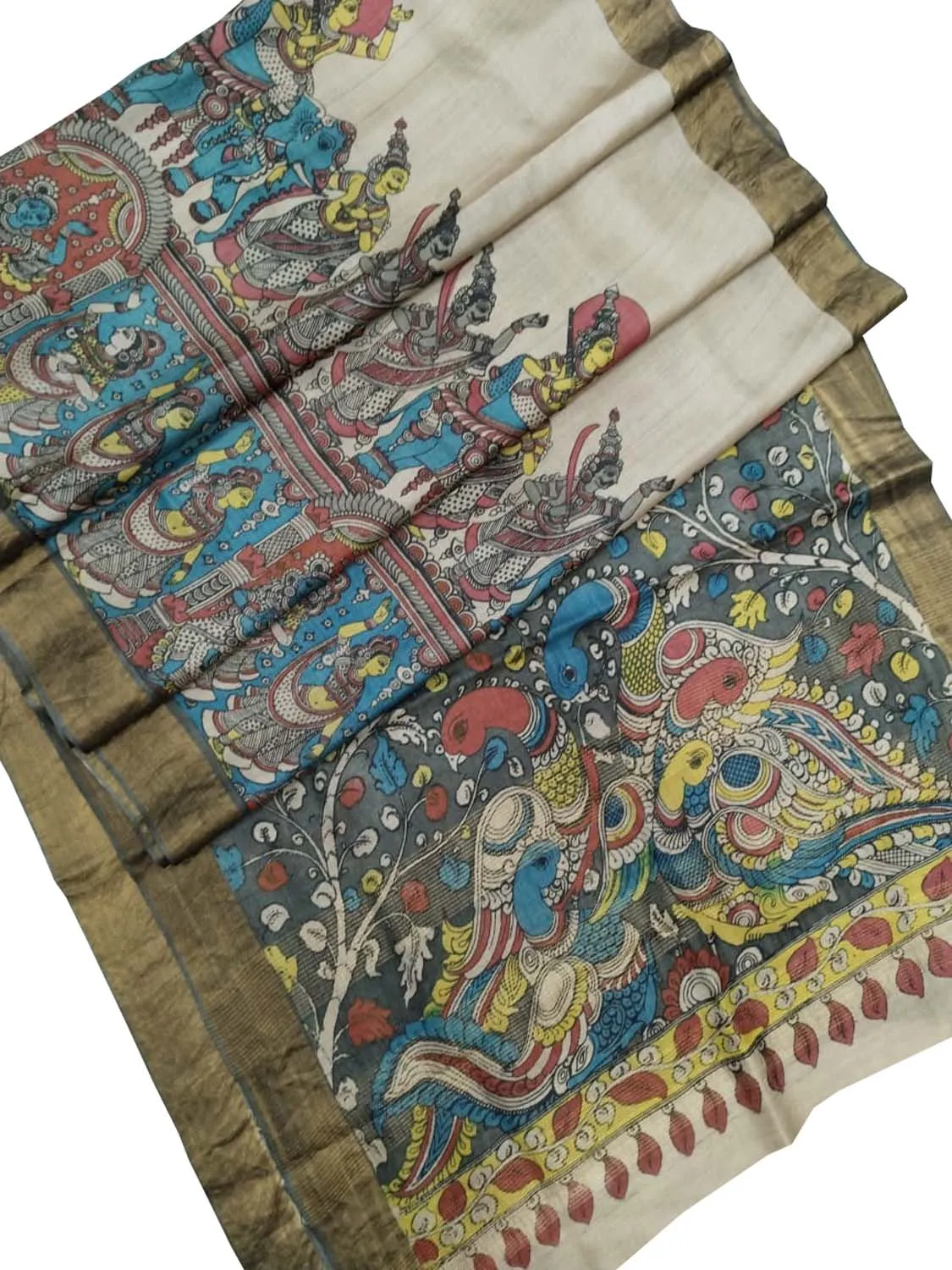 Vibrant Multicolor Kalamkari Tussar Silk Saree with Hand Pen Work