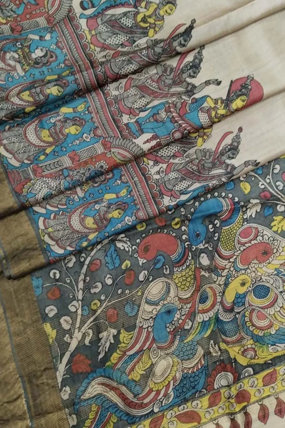 Vibrant Multicolor Kalamkari Tussar Silk Saree with Hand Pen Work