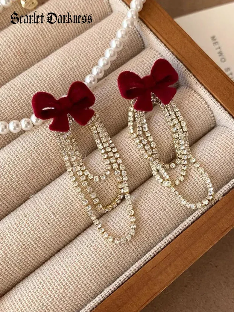 Women Flocked Red Rose Pearl Earrings